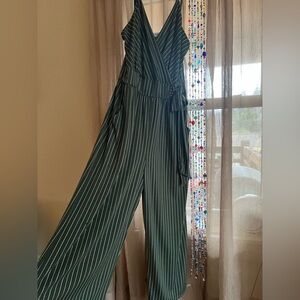 Olive green pinstripe jumpsuit